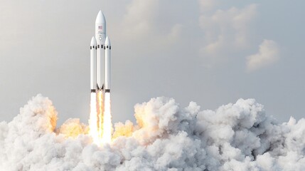 Rocket launch, space exploration, sky, clouds, powerful engine, for technology or science articles