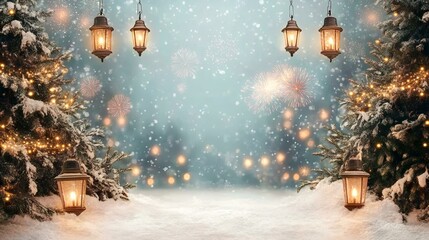 Snowy winter scene with lanterns, fireworks, and Christmas trees; festive holiday background ideal for cards