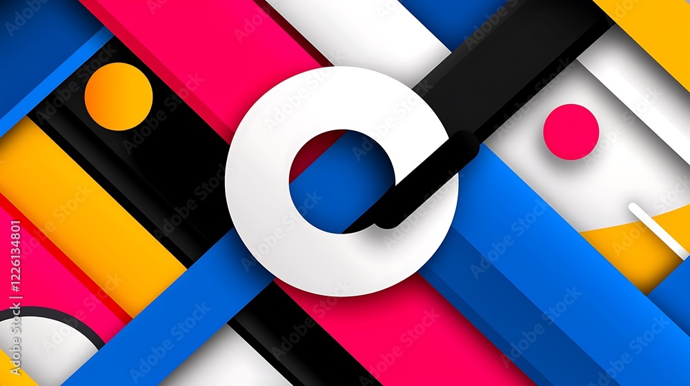 Poster abstract geometric design with vibrant colors and shapes, featuring intersecting lines and circles.