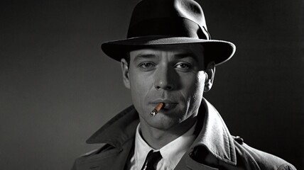 Man with fedora hat and trench coat smoking a cigarette in the dark, 1950s noir film character