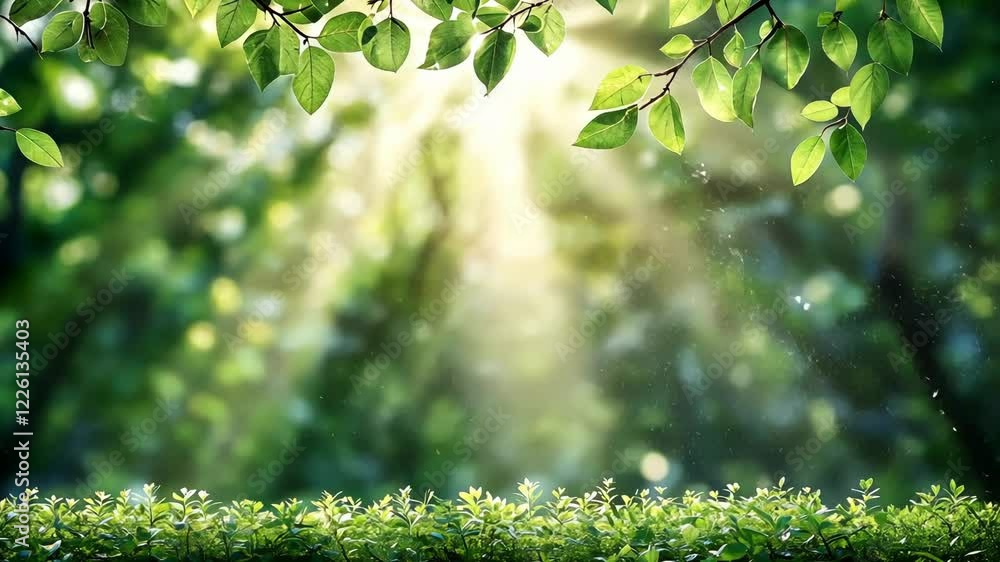 Poster sunlight filters through lush green leaves, creating a serene atmosphere in a forest setting