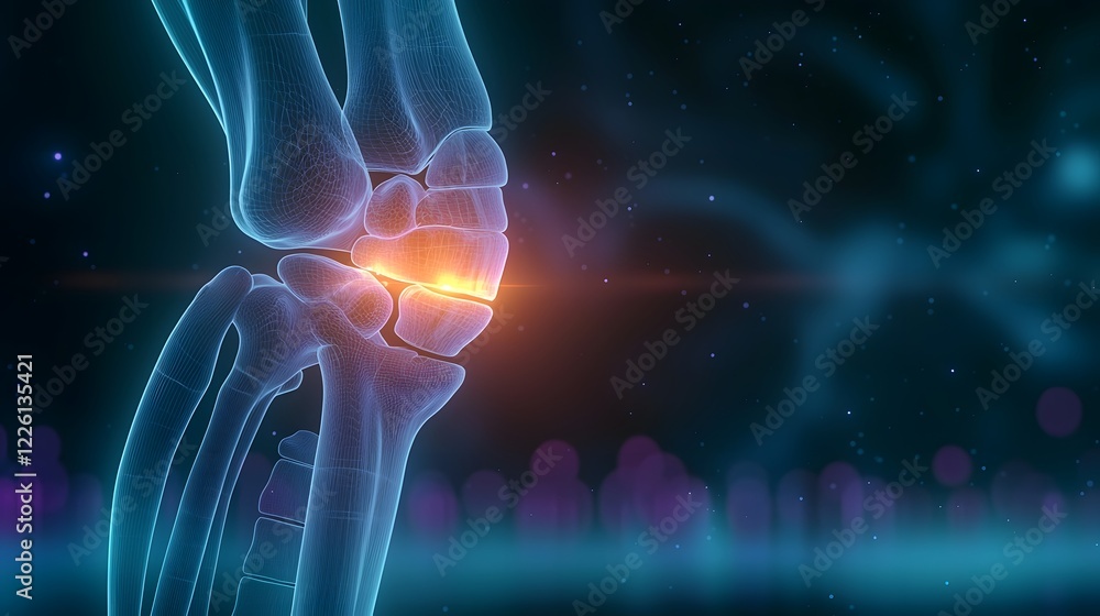Aufkleber 3d anatomical model of a knee joint in close up view emphasizing the pain area with an orange glow t