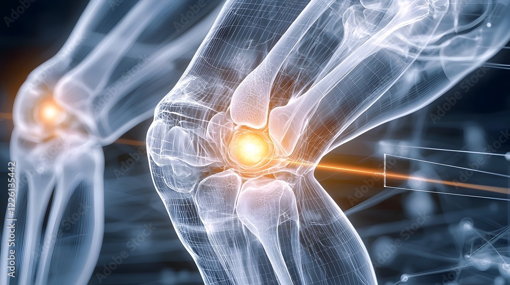 Aufkleber detailed 3d anatomical model of a close up view of the knee joint with an orange glow highlighting t