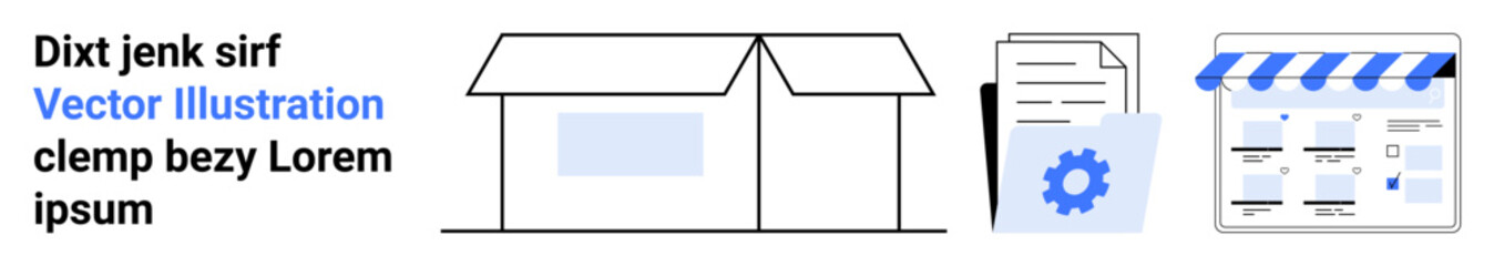 Documents with gears, store building sketches, online storefront highlights e-commerce startup process. Ideal for business planning, e-commerce setup, online store development, entrepreneurship