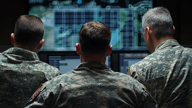 Military personnel analyze data at command center during strategic operations