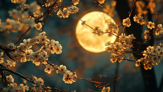 Blossoming cherry trees illuminated by a full moon in a tranquil night setting