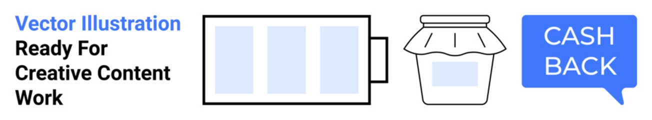 Battery charging icon, jar with lid, and cashback message in speech bubble. Ideal for e-commerce, energy saving, sustainable living, cashback programs, bonuses, savings flat landing page banner