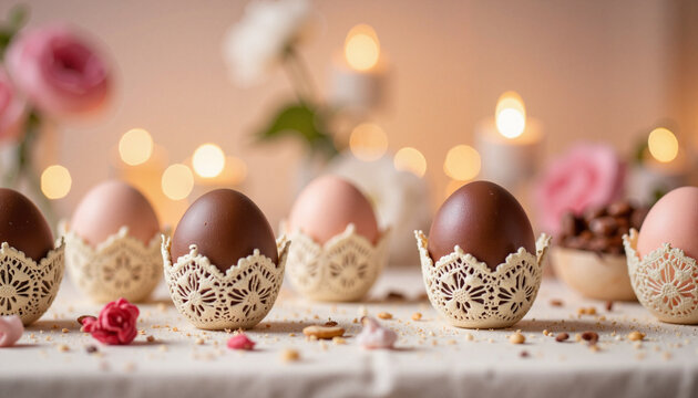 Elegant chocolate eggs on wedding dessert table, romantic ambiance