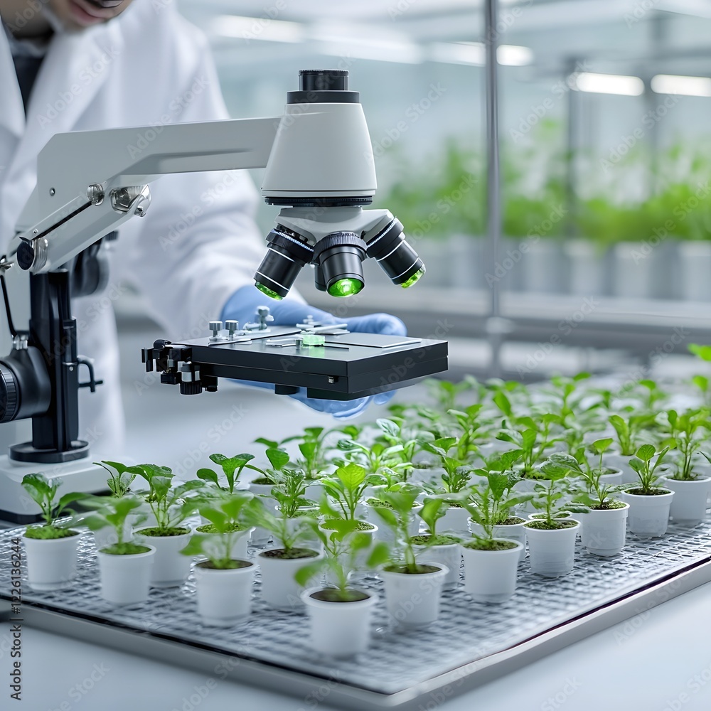 Poster microscopic perspective capturing a scientist studying the intricate details of glowing green plant 