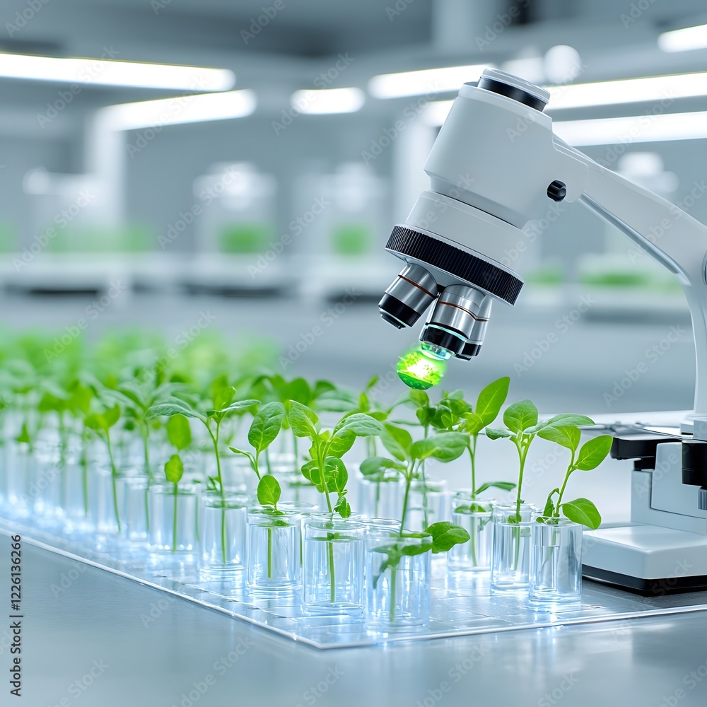 Poster Microscopic Perspective Capturing Green Plant Cells with Glowing Details Highlighting the Connection Between Science and Nature in a Futuristic Laboratory Setup