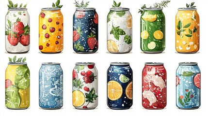 Obraz premium Twelve Colorful Cans Of Fruit Infused Sparkling Drinks