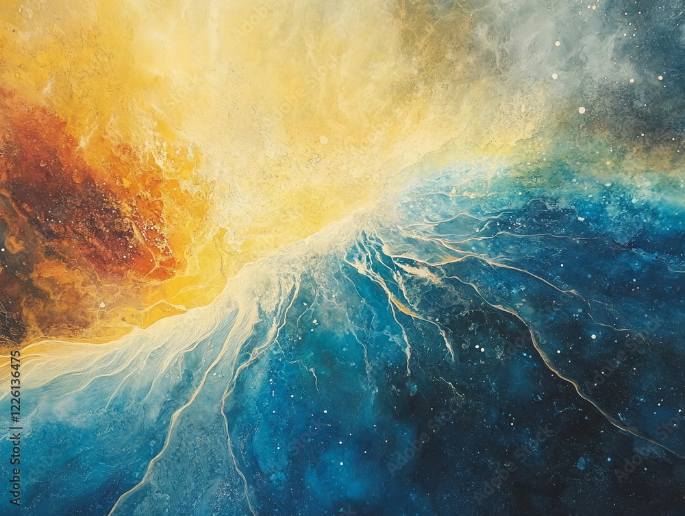 Poster golden and blue abstract painting with swirling patterns resembling cosmic space, blending colors an