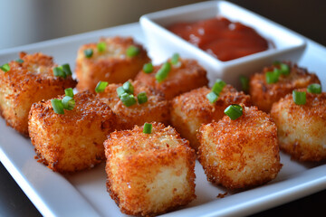 Crispy golden fried cubes served with a side of tangy dipping sauce and garnished with green onions