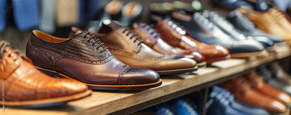 Poster Classic leather shoes neatly displayed on shelves for customers to browse and buy