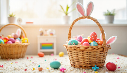 Colorful Easter baskets filled with crafts in bright playroom, joyful celebration