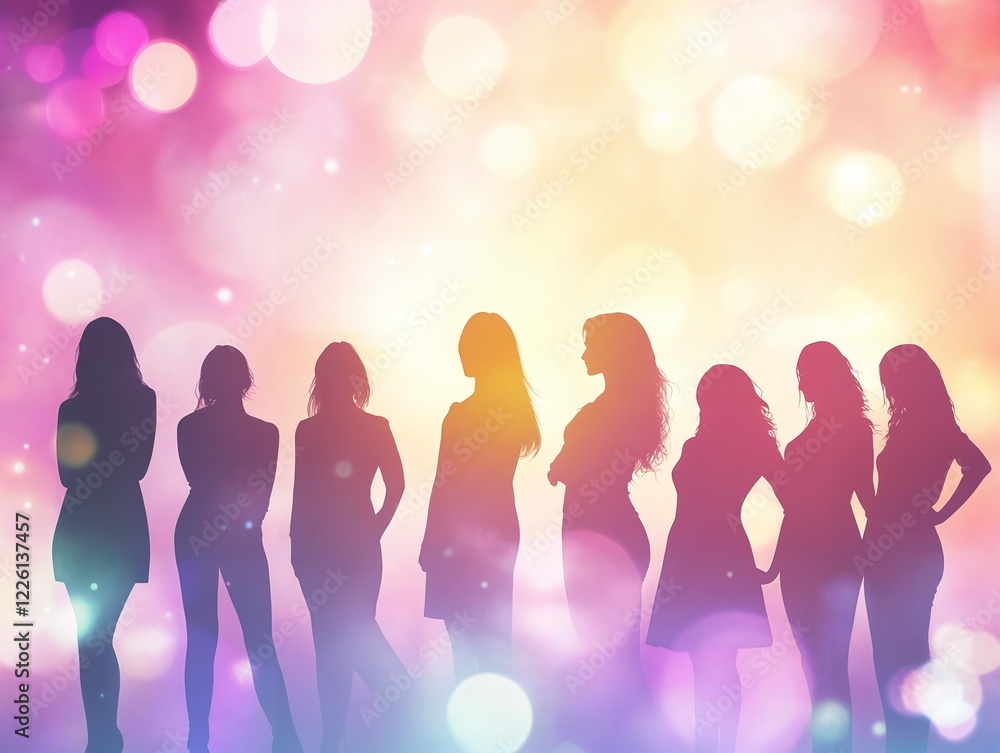Poster silhouettes of diverse women standing in a line against a colorful bokeh background illuminated by s