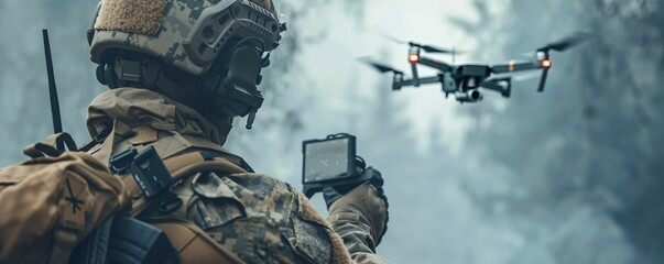 Soldier operates a surveillance drone with a remote control in a forest during a military mission