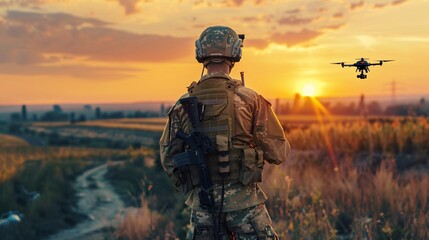 Soldier operating a military drone using a remote control in a field during sunset