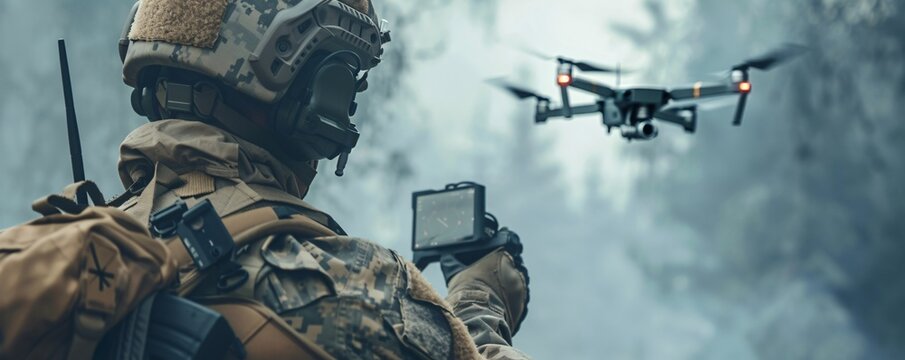Soldier operates a surveillance drone with a remote control in a forest during a military mission