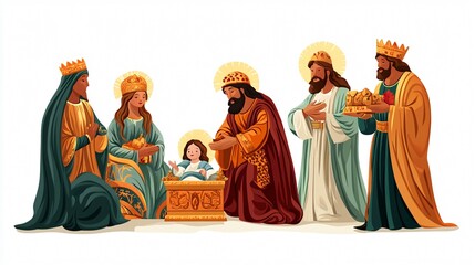 Three Wise Men Celebrate Epiphany with Gift Box for Birth, Religious Holiday Artwork