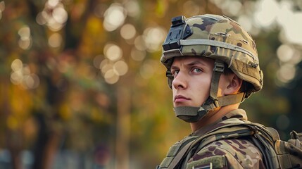 Young soldier stands guard in camouflage uniform and helmet in a forest with vibrant autumn colors in the background