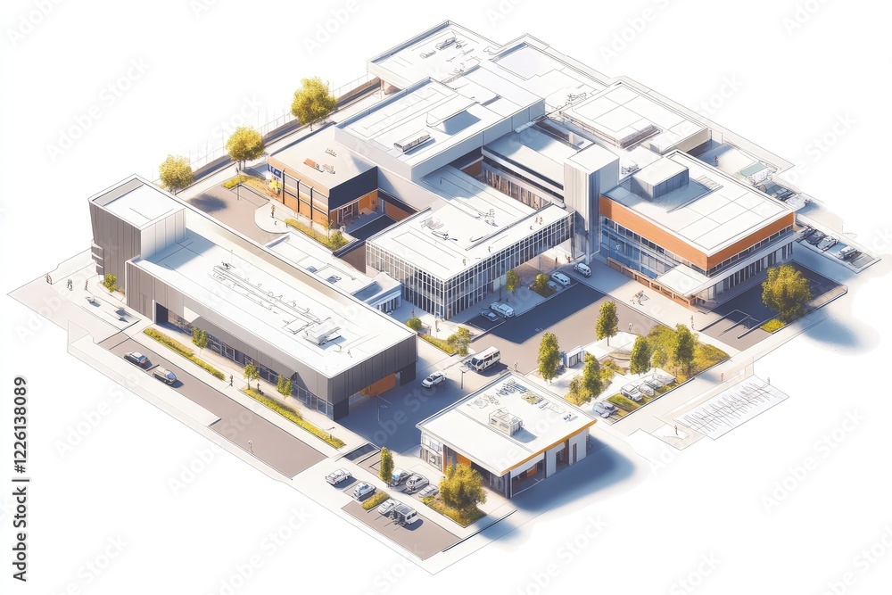 Poster architectural rendering modern campus complex design aerial view isometric projection.