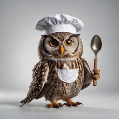 A friendly cartoon owl wearing a chef&rsquo;s apron and hat, holding a spoon in its wing on a bright white background.