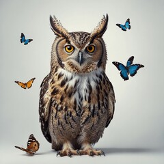 A surreal owl with butterfly wings instead of regular feathers, blending nature and fantasy, on a white background.