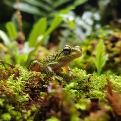 Obraz premium A vividly green frog blends skillfully into the lush forest environment. Surrounded by moss and trails of greenery, it portrays nature's harmony and vibrancy.