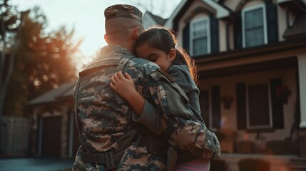Military father is reunited with his daughter, embracing in front of their home