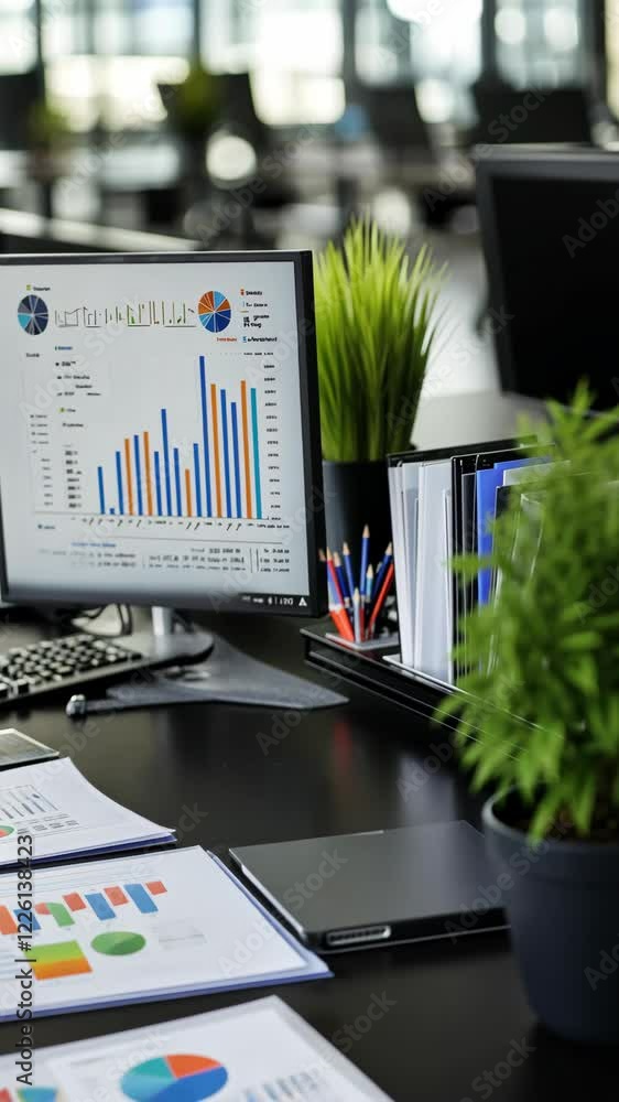 Poster business workspace with computer displaying charts and plants during the workday