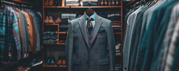 Fototapeta premium Grey suit with shirt and tie displayed on a mannequin in a tailoring atelier full of elegant clothes