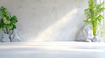 Sunlit minimalist room interior with plants and rocks; perfect for product display