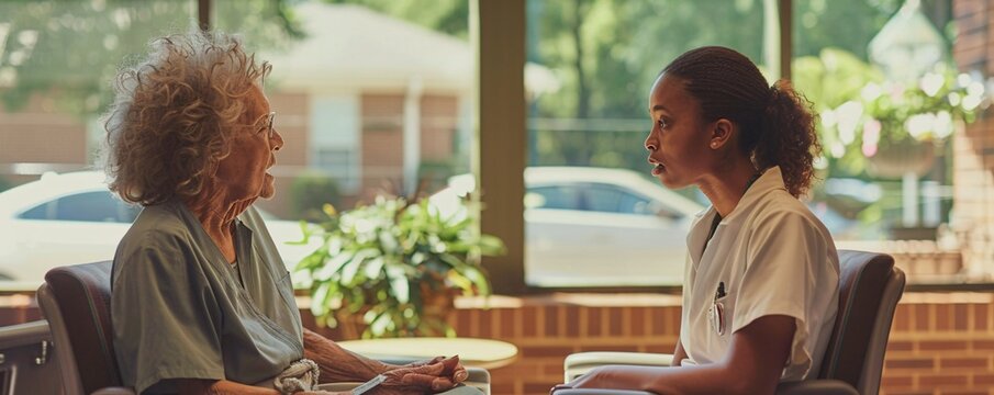 Young nurse attentively listens to an elderly patient discussing her health in a nursing home