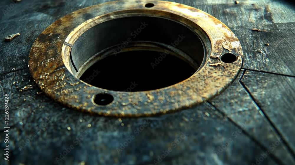 Poster detailed view of a rusty circular opening on a weathered surface in an industrial setting