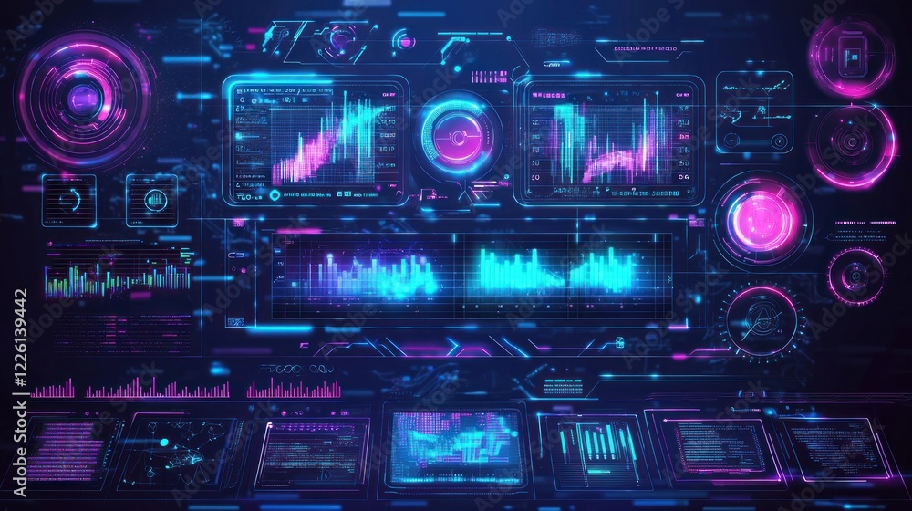 Poster futuristic tech interface: neon data visualization