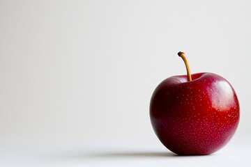 Fresh red apple on a minimalistic white background, highlighting its vibrant color and texture