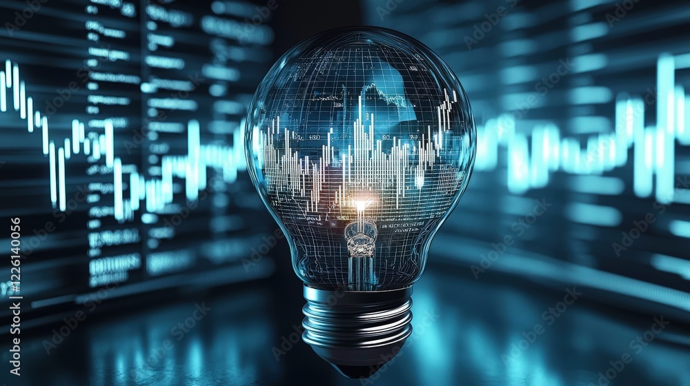 Poster illuminating data trends with a blue lightbulb and graphs