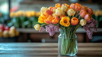 Vibrant tulips and lilac bouquet in glass vase on wood.