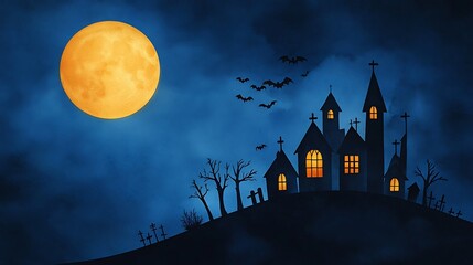 Fototapeta premium Spooky Haunted House Under Full Moon Night Sky