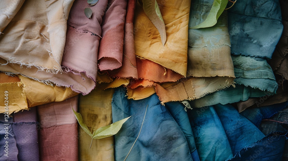 Poster fabric samples dyed with natural warm autumn tones displayed on a table with eucalyptus leaves