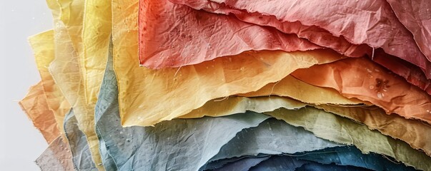 Pile of vibrant handcrafted sustainable dyed fabric displaying the intricate textures of various materials