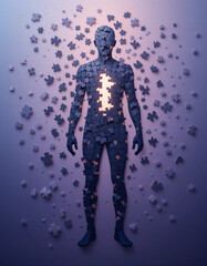 A human figure made entirely of dark puzzle pieces stands in the center, illuminated by a glowing core. Surrounding pieces float in the air, creating a surreal atmosphere of exploration and identity