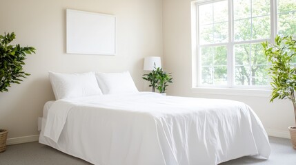 Bright bedroom with white bedding, plants, and large window. Ideal for real estate or home decor