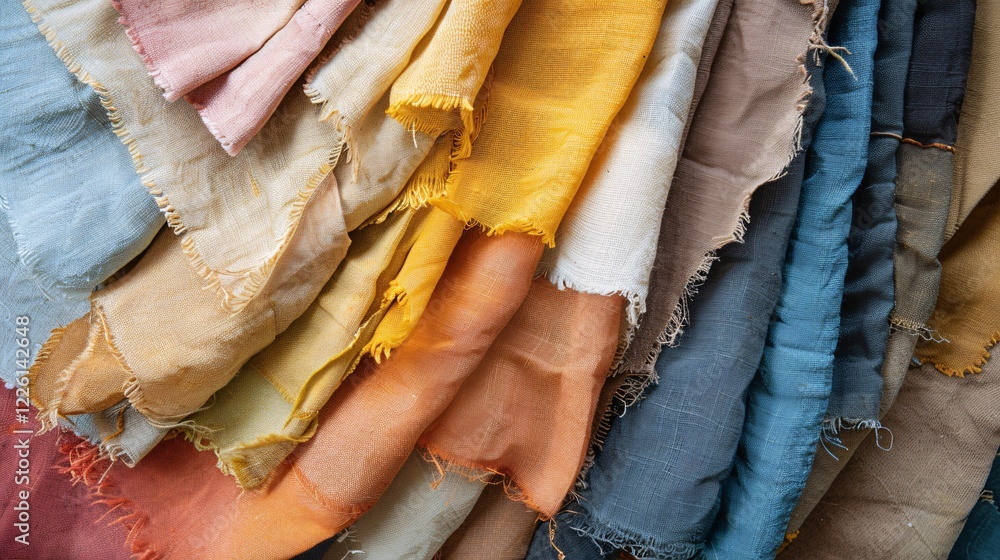 Aufkleber collection of linen cloth samples showing a range of colors achieved by natural dyeing