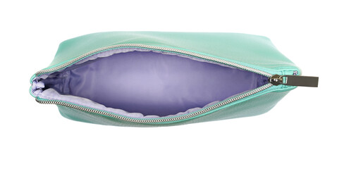 Stylish open cosmetic bag isolated on white background, top view