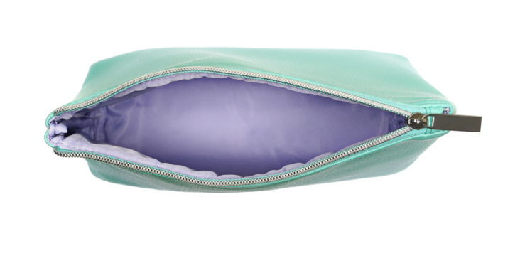 Stylish open cosmetic bag isolated on white background, top view