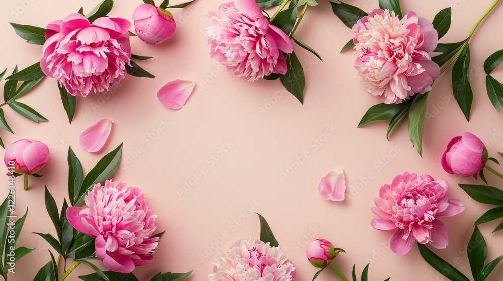 Poster stunning pink peonies forming a border on a soft pink backdrop with space for text in the middle