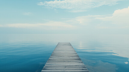 Fototapeta premium Serene wooden pier extending into a calm lake under a clear blue sky with distant clouds
