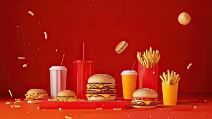 Double Cheeseburger, Fries, Soda, Red Background, Food Advertising
